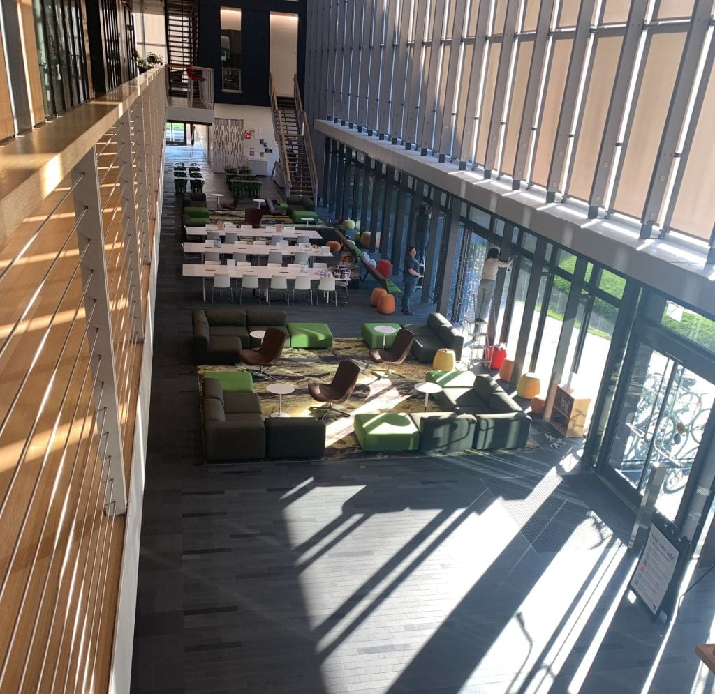 Picture of the first floor of the Science Center taken from above.