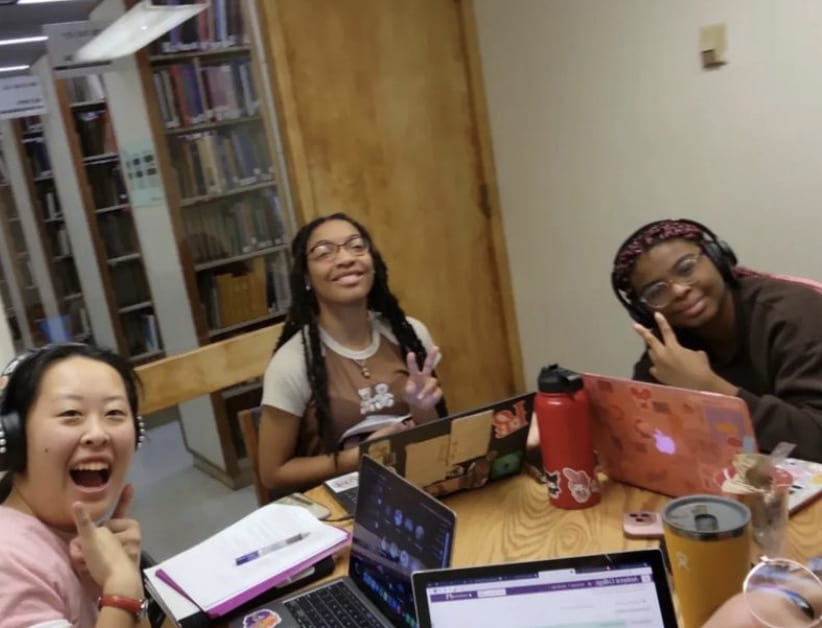 Lindsey and friends studying at Frost Library